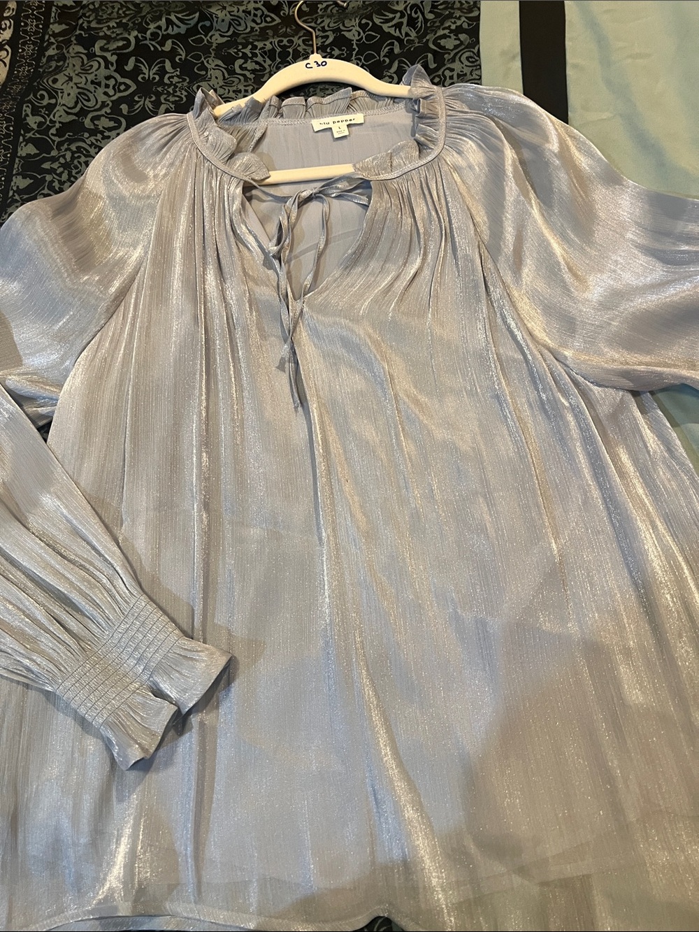 BLU PEPPER Shimmery Light Silver Peasant Blouse